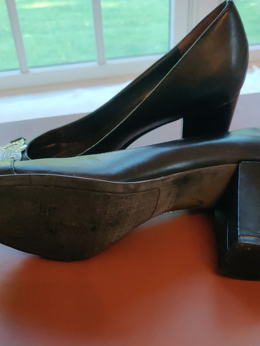 Tahari Black Leather Heels with Silver Decorative Medallions